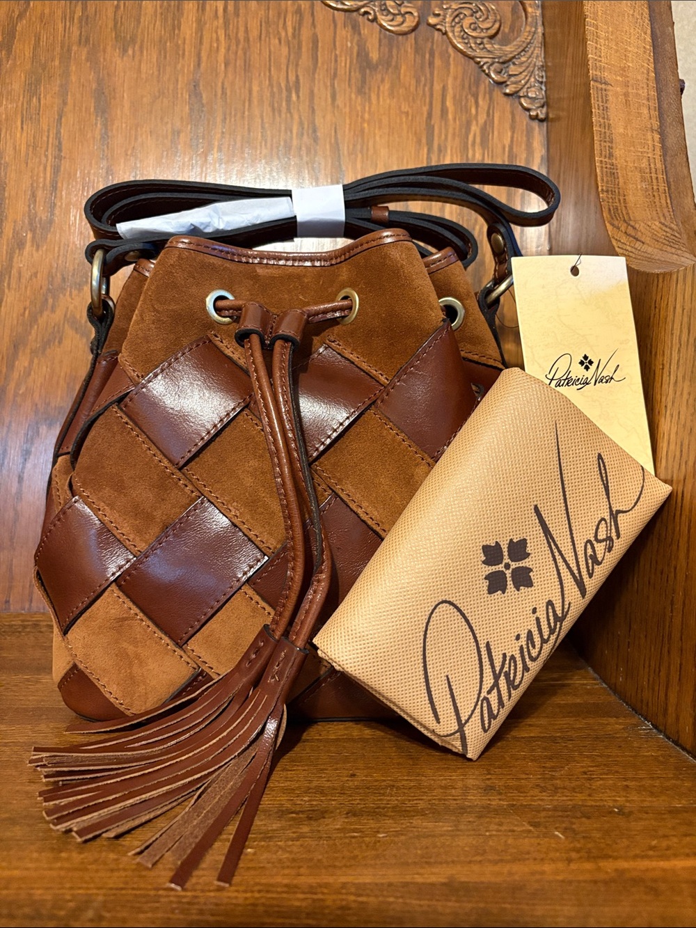 NWT-Patricia Nash-Bellona Bucket Bag-Suede Leather Weave Design-Cognac-$249 - Picture 11 of 15